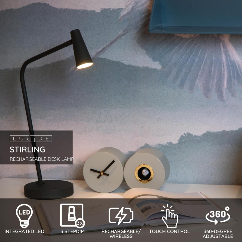 Lucide STIRLING - Dobíjacia stojaca lampa na čítanie - Batéria - LED Dim. - 1x3W 2700K - 3 StepDim - Čierny